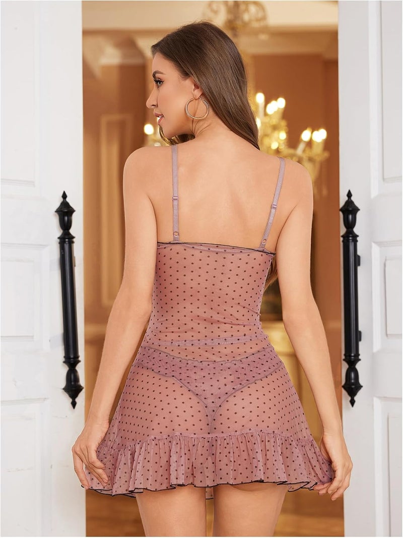 WDIRARA Women's 2 Piece Sheer Mesh Lingerie Set Polka Dots Nightdress Bow Ruffle Nightgown and Panty Sets - Image 1